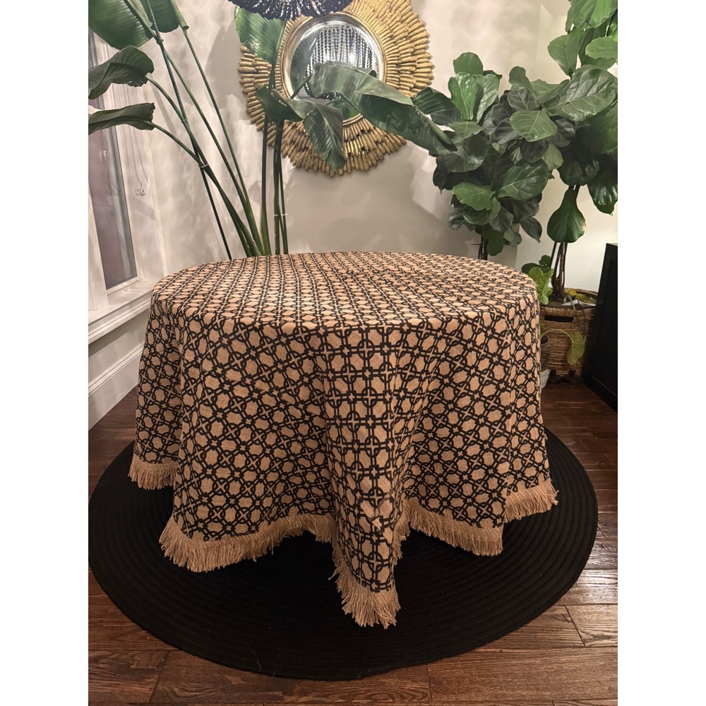 Round Burlap Jute Tablecloth Geometric Trellis Pattern Fringe Trim Tan Black